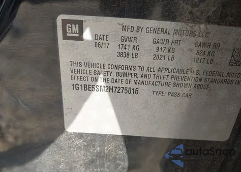 2017 Chevrolet Cruze Lt Auto z USA, uszkodzony, nr VIN 1G1BE5SM2H7275016